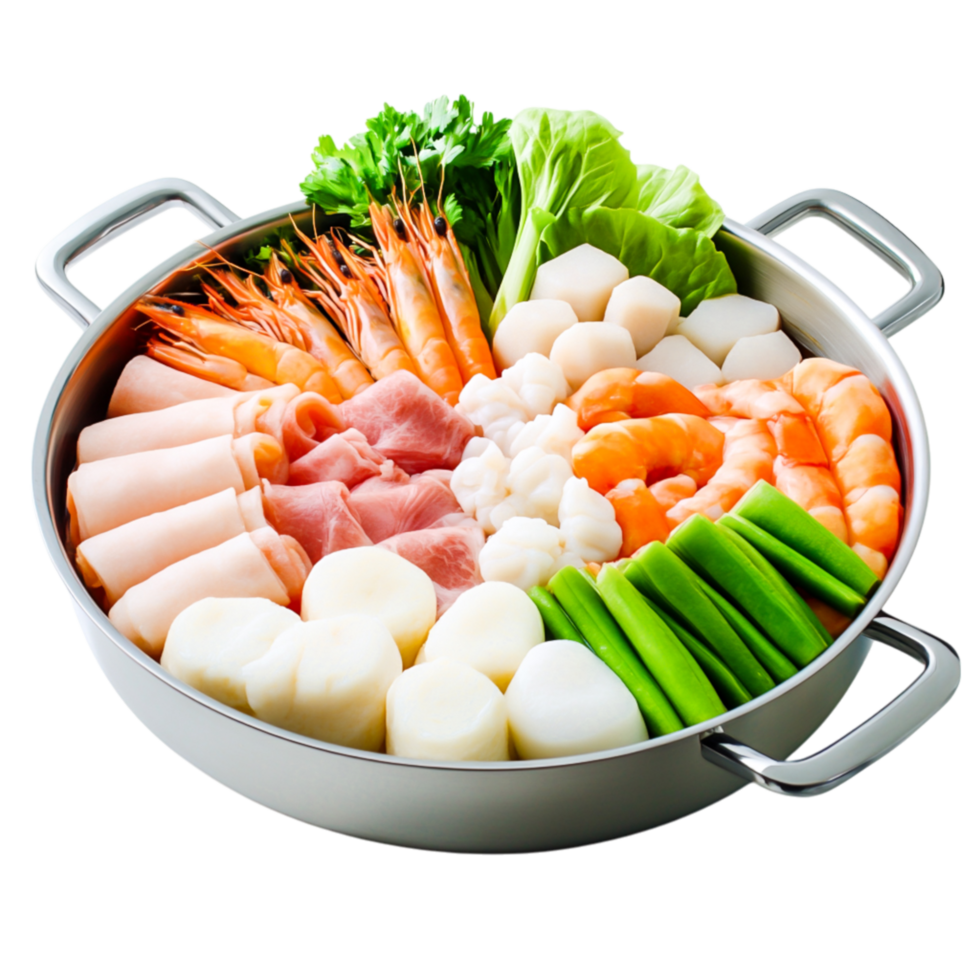 Fresh Ingredients for Delicious Hot Pot with Seafood and Vegetables png