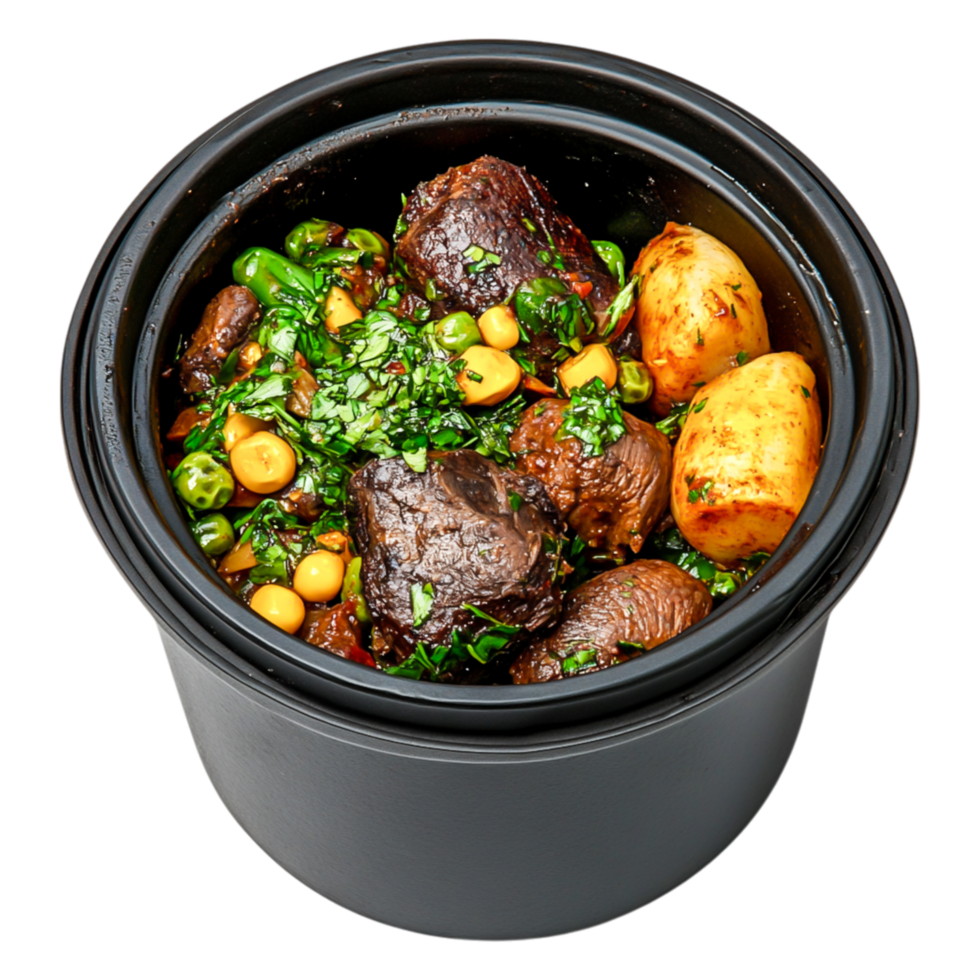 Hearty Stew with Meat and Vegetables in Black Pot on png