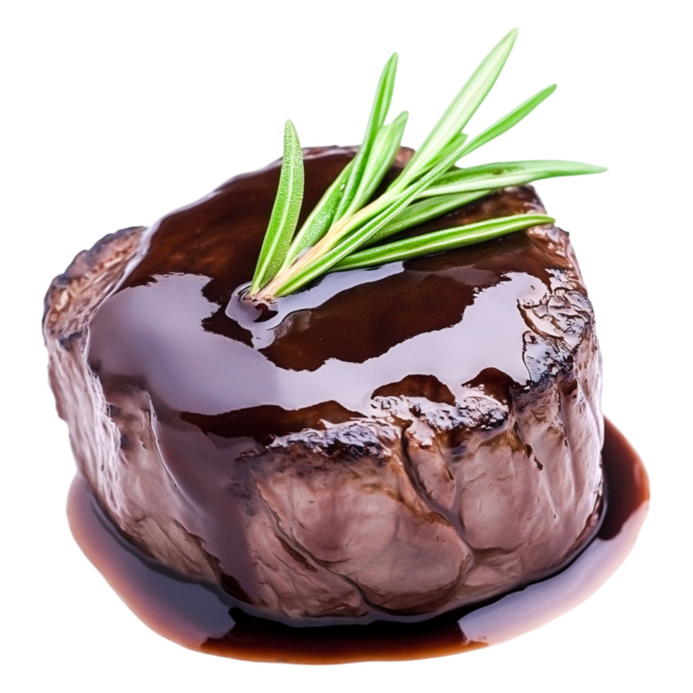 Delicious gourmet steak with rich sauce and fresh herb garnish on plate png