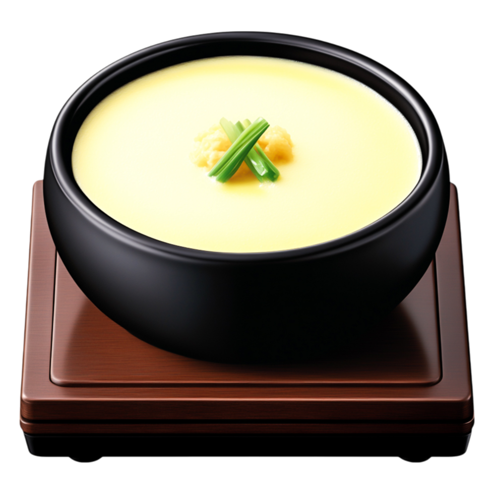 Creamy Japanese Egg Custard Dish in Elegant Black Bowl on Wooden Stand png