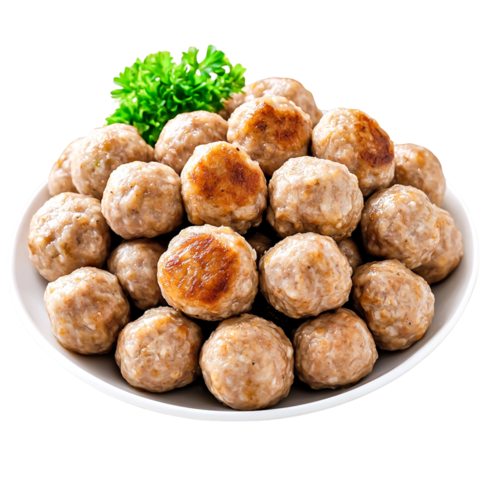 Delicious Homemade Meatballs Served White Plate with Green Garnish png
