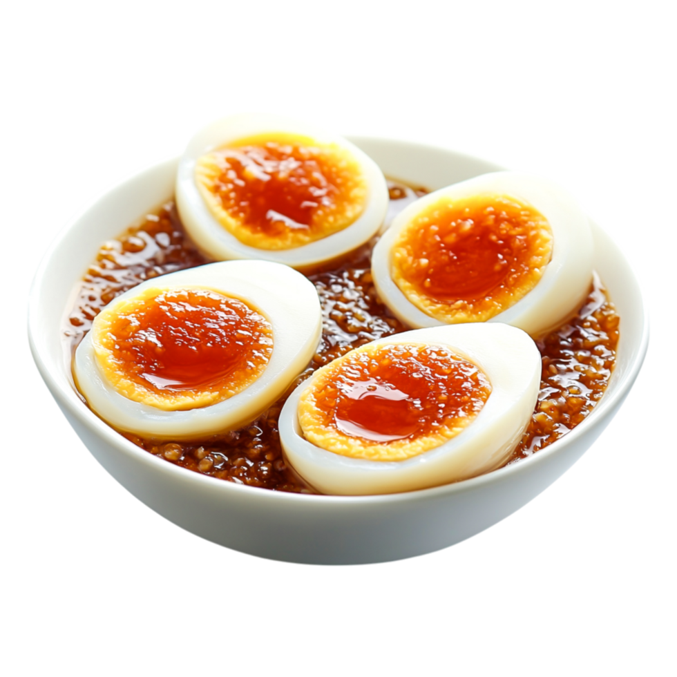 Delicious Soft Boiled Eggs with Soy Sauce Glaze in White Bowl png