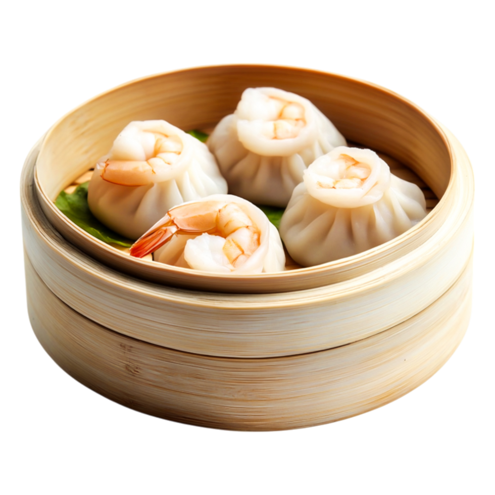 Steamed Shrimp Dumplings in a Bamboo Basket Ready to Serve png
