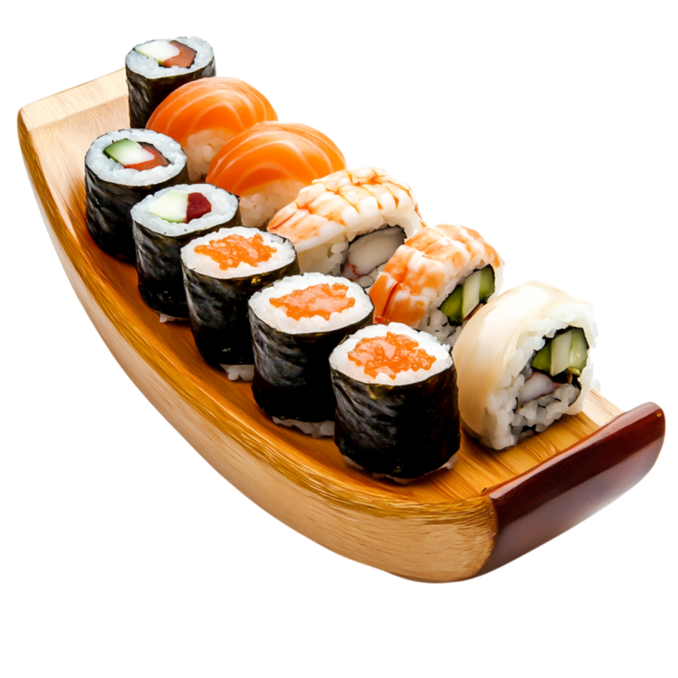 Assorted Sushi Selection Wooden Boat Platter with Fresh Ingredients png