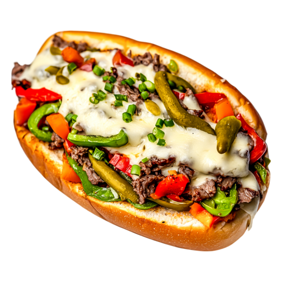 Gourmet Cheesesteak Sandwich Loaded with Fresh Vegetables and Cheese png