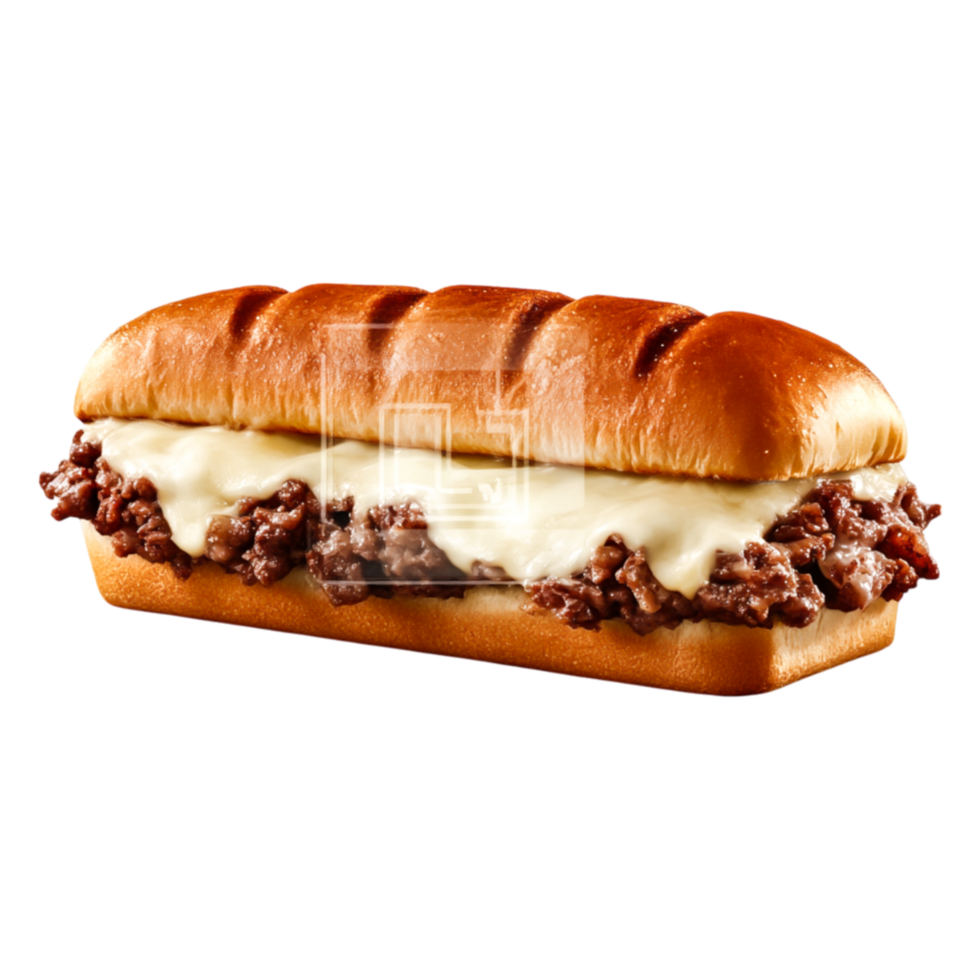 Delicious Cheesy Beef Sandwich on Soft Fresh Bun with Savory Ingredients png