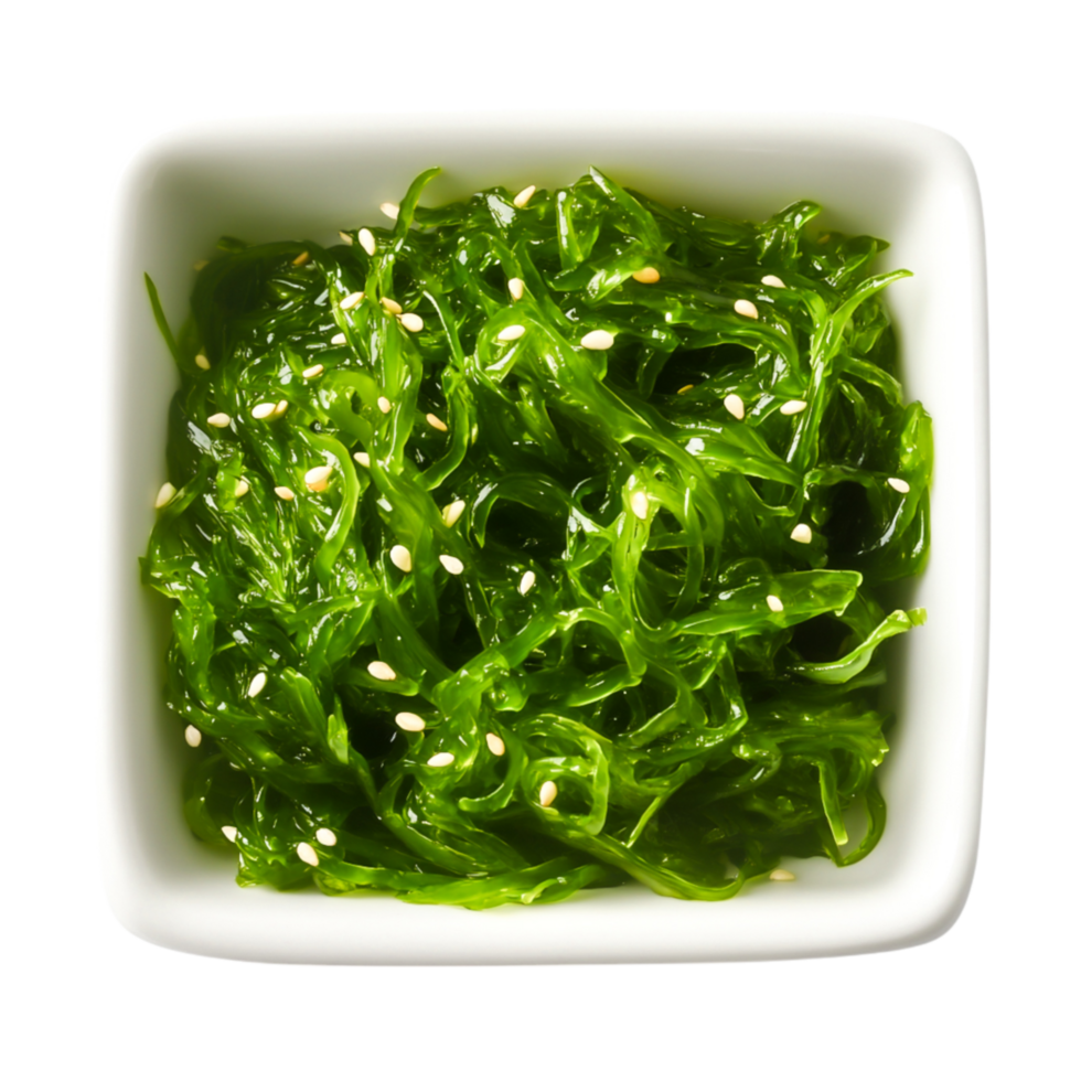 Fresh Green Seaweed Salad with Sesame Seeds in a White Bowl png