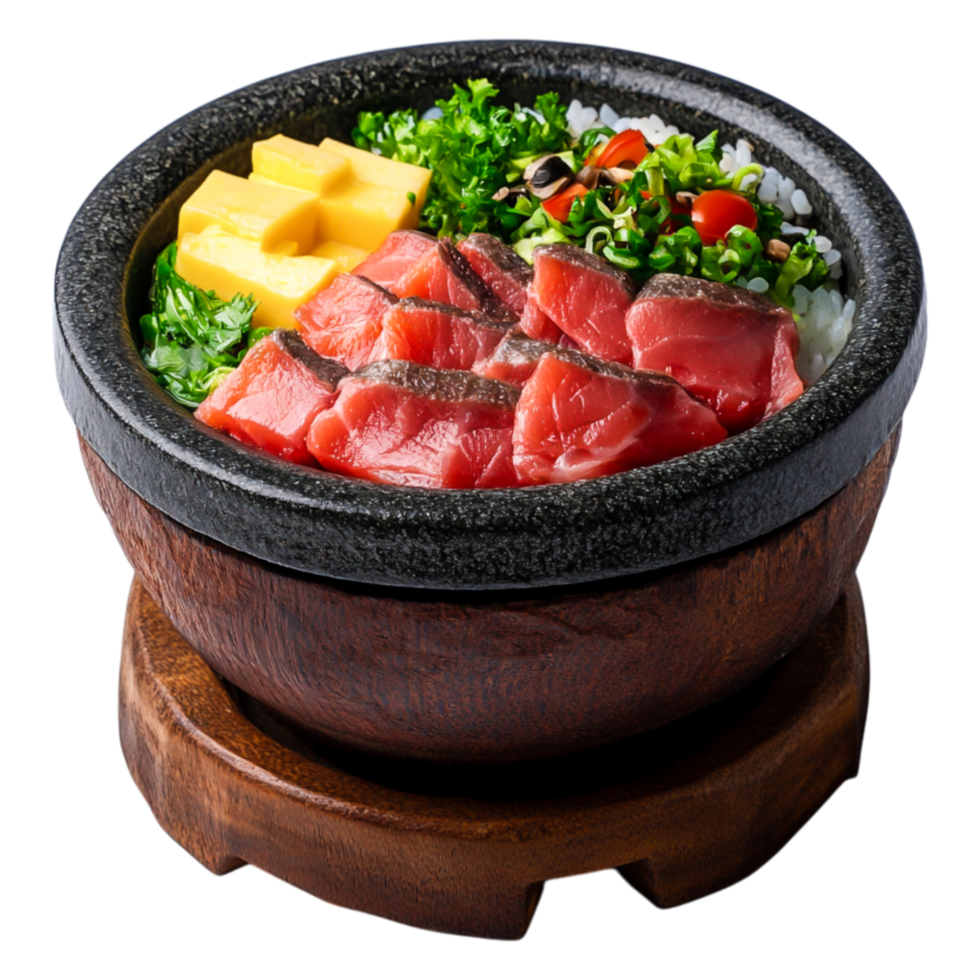 Freshly Prepared Bowl of Sliced Raw Fish with Rice and Colorful Vegetables png