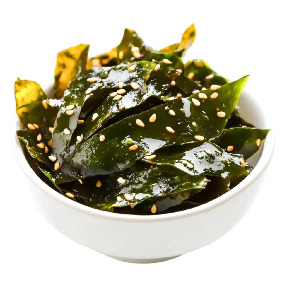 Fresh Seaweed Salad with Sesame Seeds in White Bowl on png