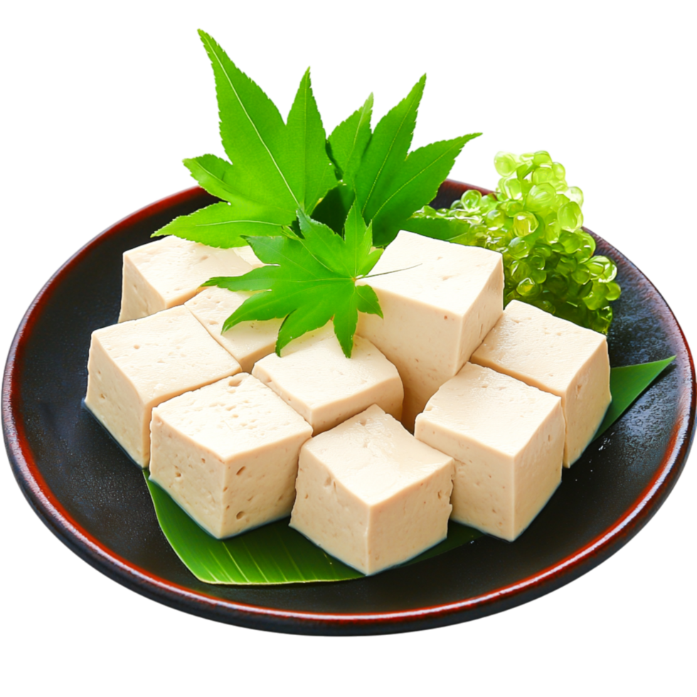 Fresh Soft Tofu Cubes on Plate with Green Leaves and Garnish Display png