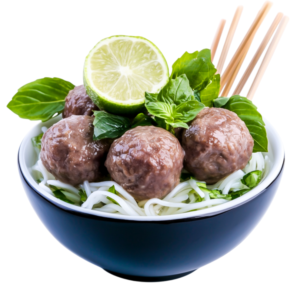 Fresh Noodle Bowl with Flavorful Meatballs and Herbs in Dark Bowl png
