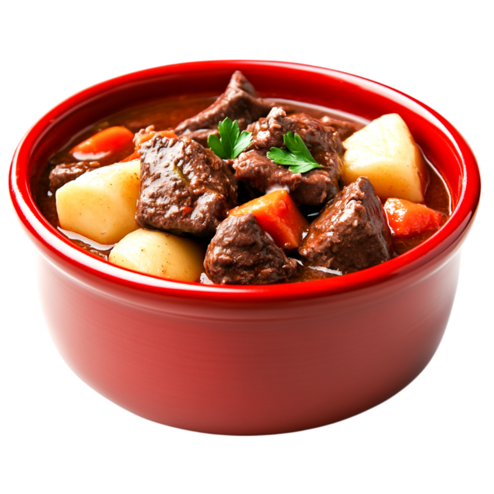 Delicious Comforting Beef Stew with Vegetables in a Red Bowl png