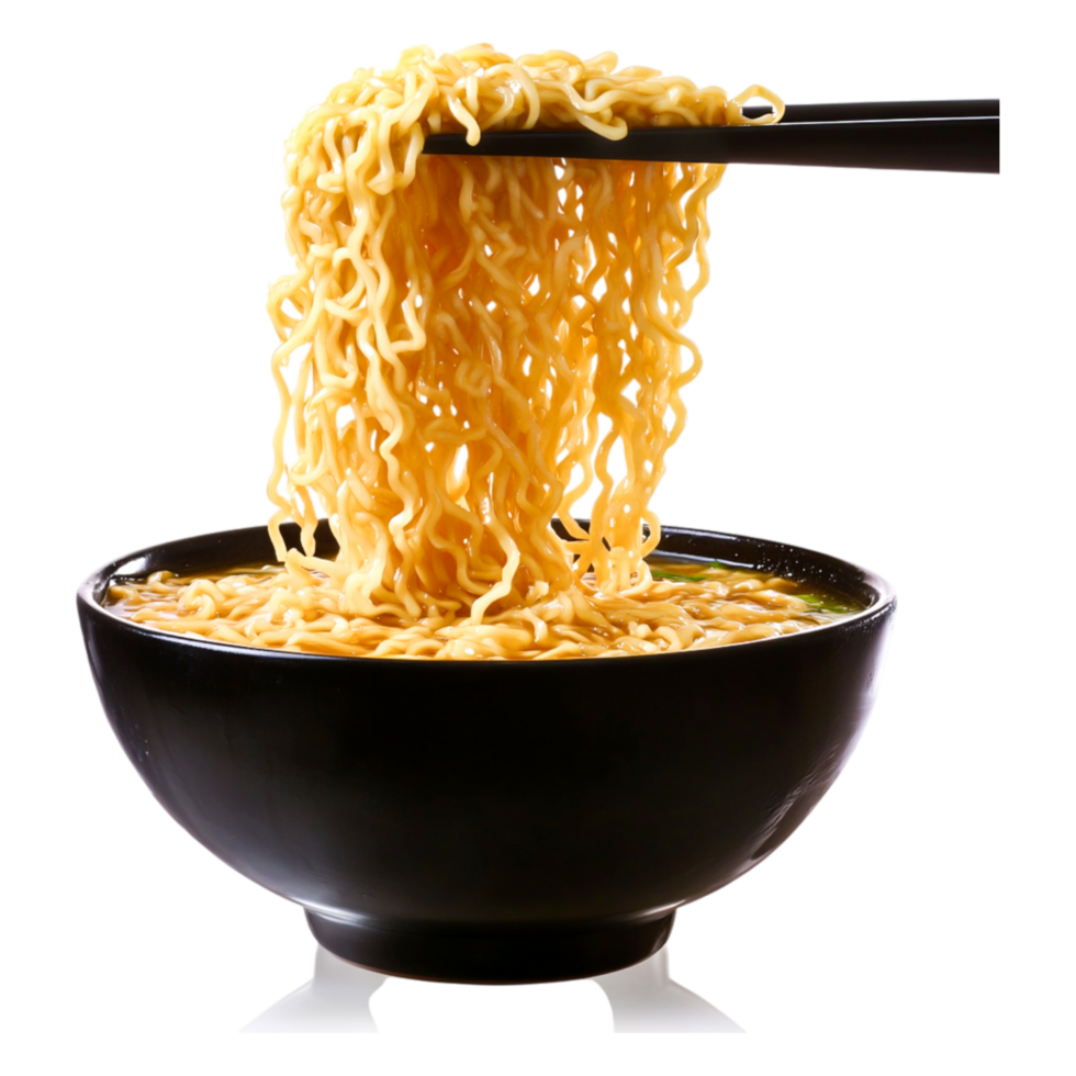 Delicious Bowl of Steaming Noodles with Chopsticks Ready to Eat png
