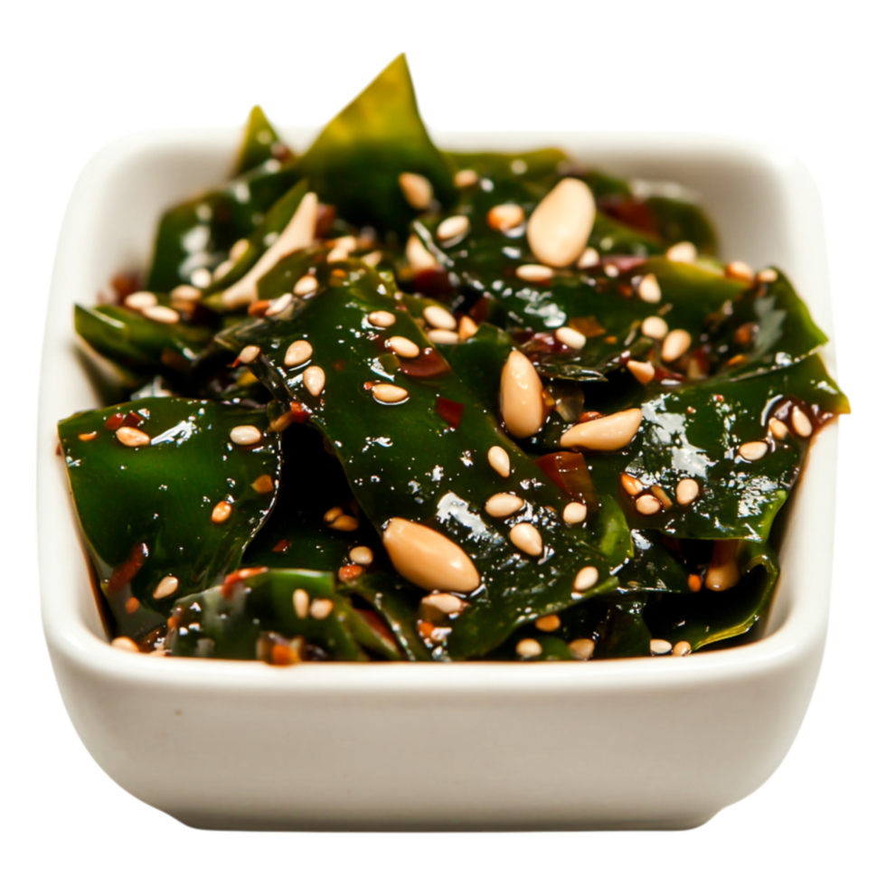 Fresh Seaweed Salad with Sesame Seeds and Pine Nuts in White Bowl png