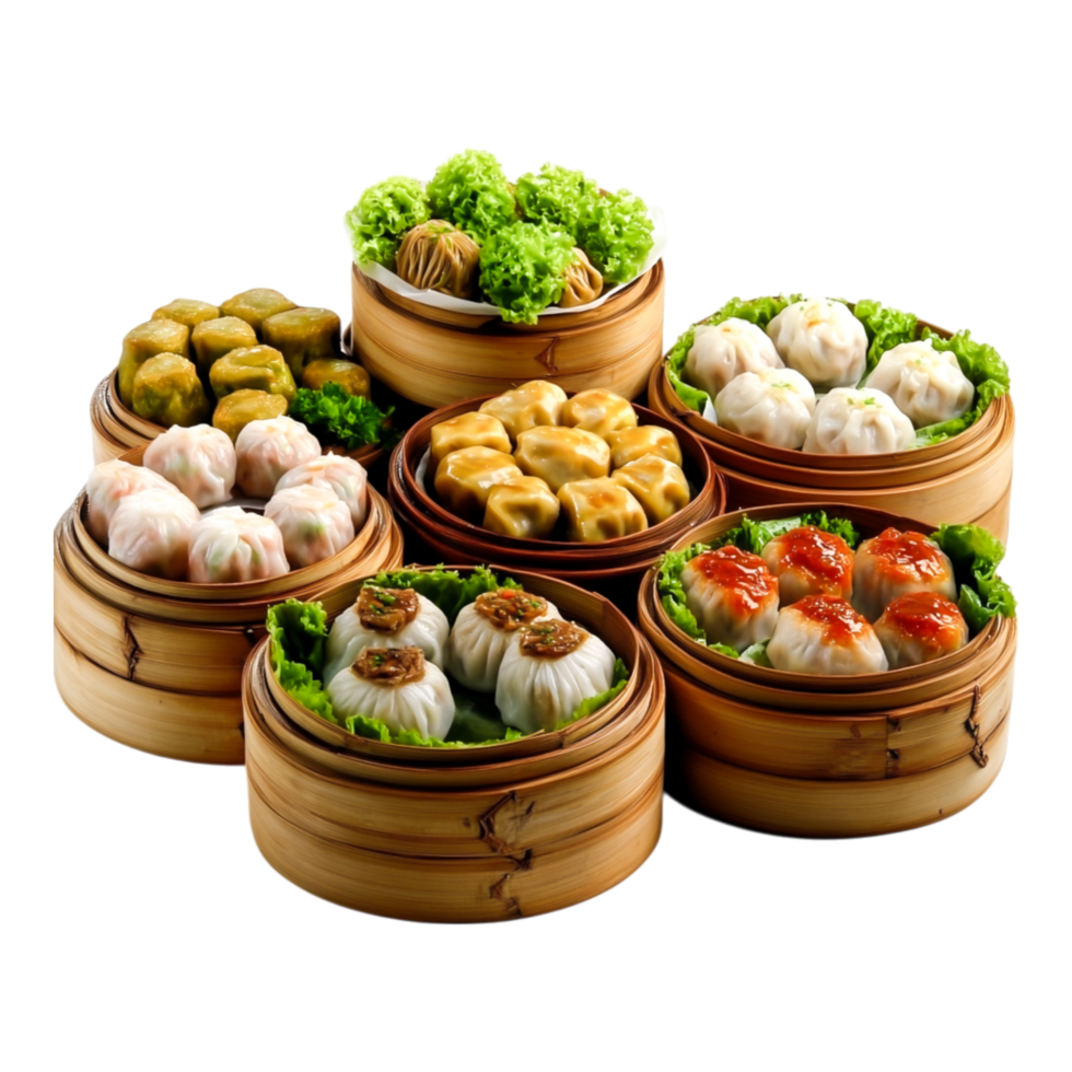 Delicious Variety of Dim Sum in Bamboo Steamer Baskets with Fresh Greens png