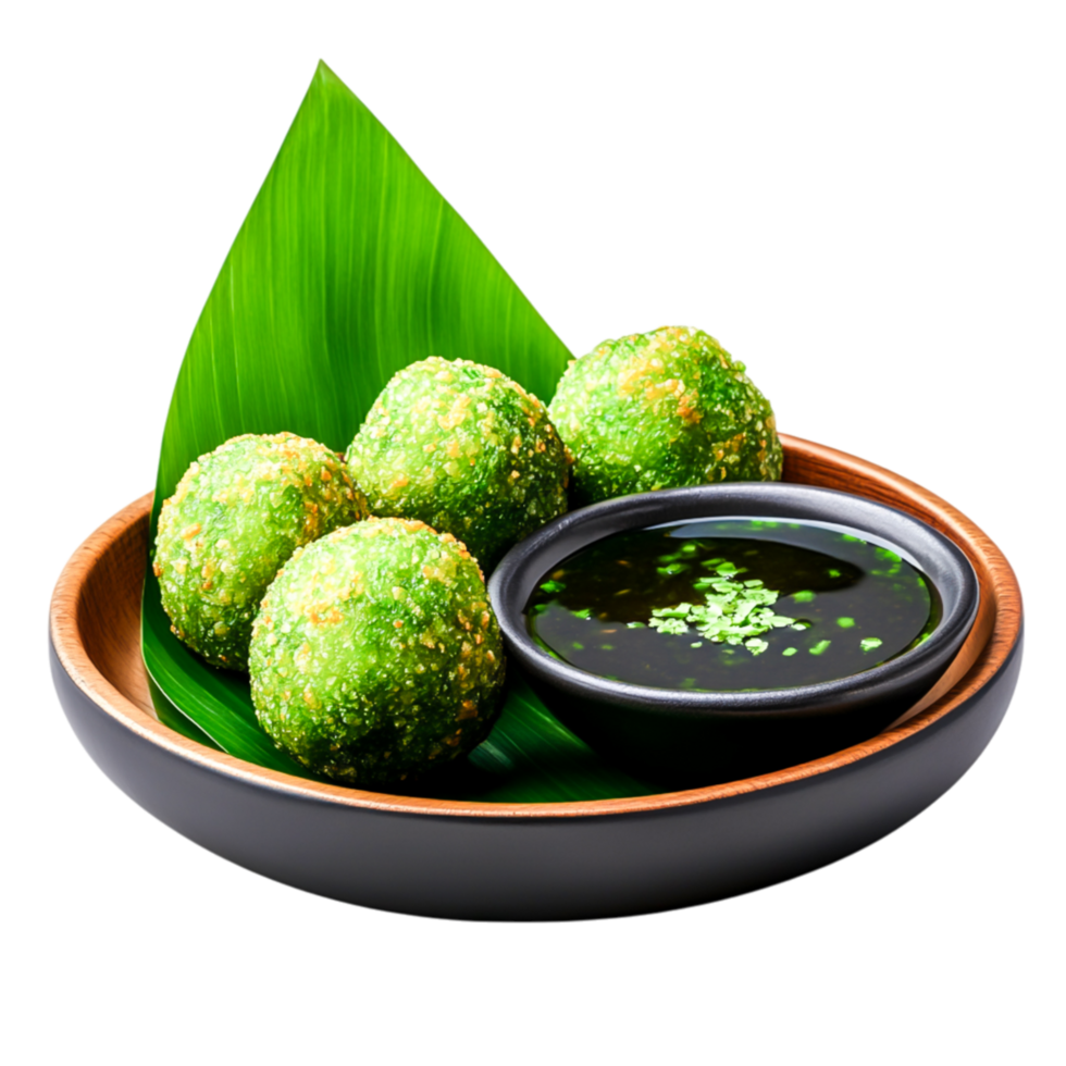 Crispy Green Balls with Herb Sauce on Leaf in Modern Bowl Arrangement png