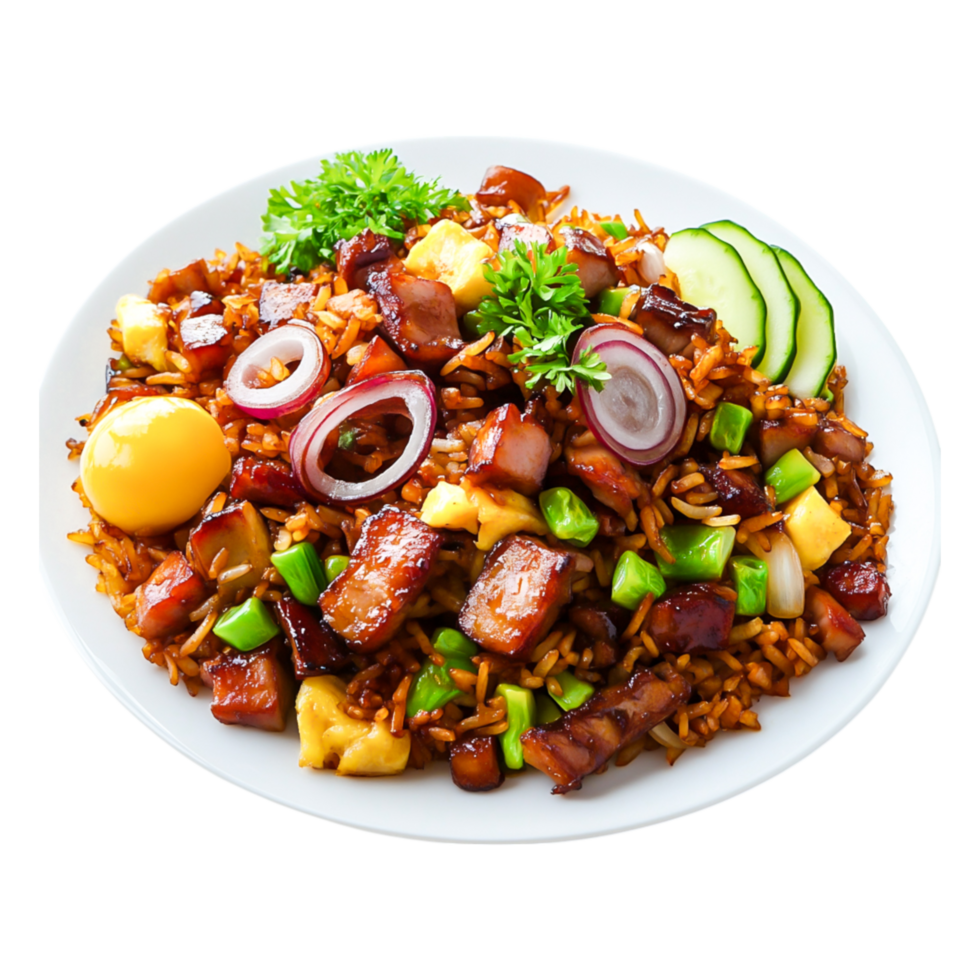 Colorful Plate of Fried Rice with Vegetables and Meat Garnished with Herbs png
