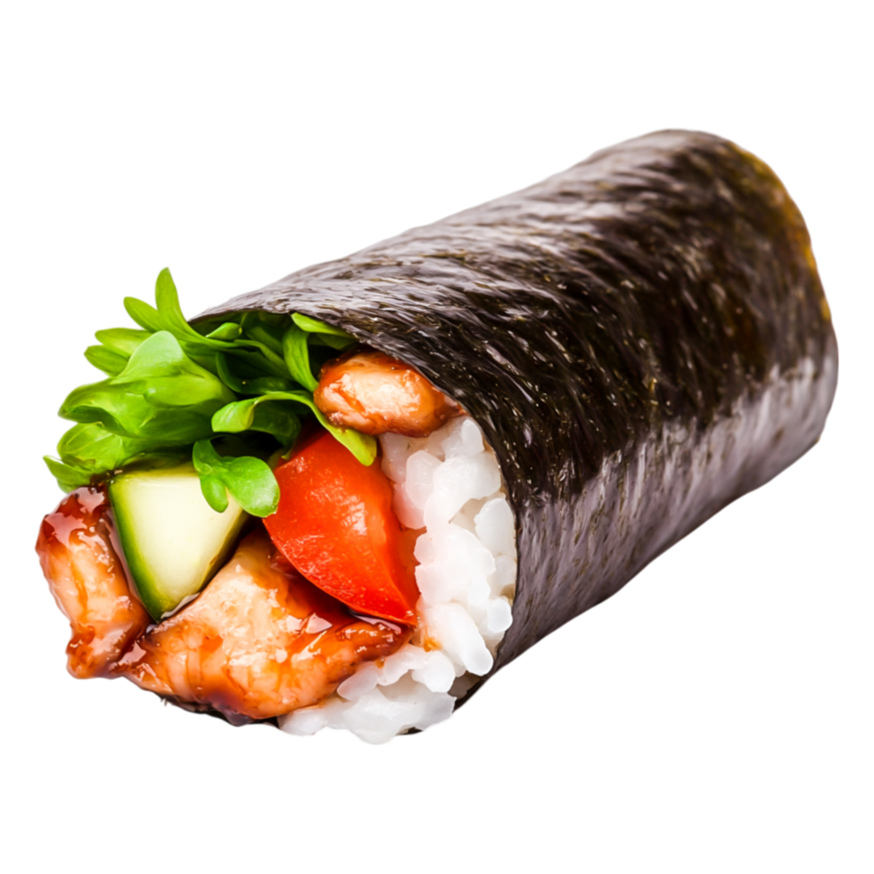 Fresh and Flavorful Sushi Roll with Chicken, Vegetables, and Seaweed Wrapper png