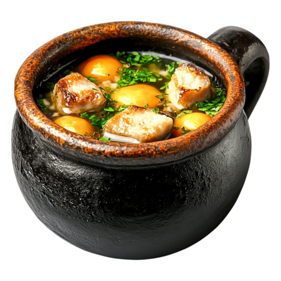 Freshly Made Soup with Vegetables and Eggs in a Rustic Clay Pot png