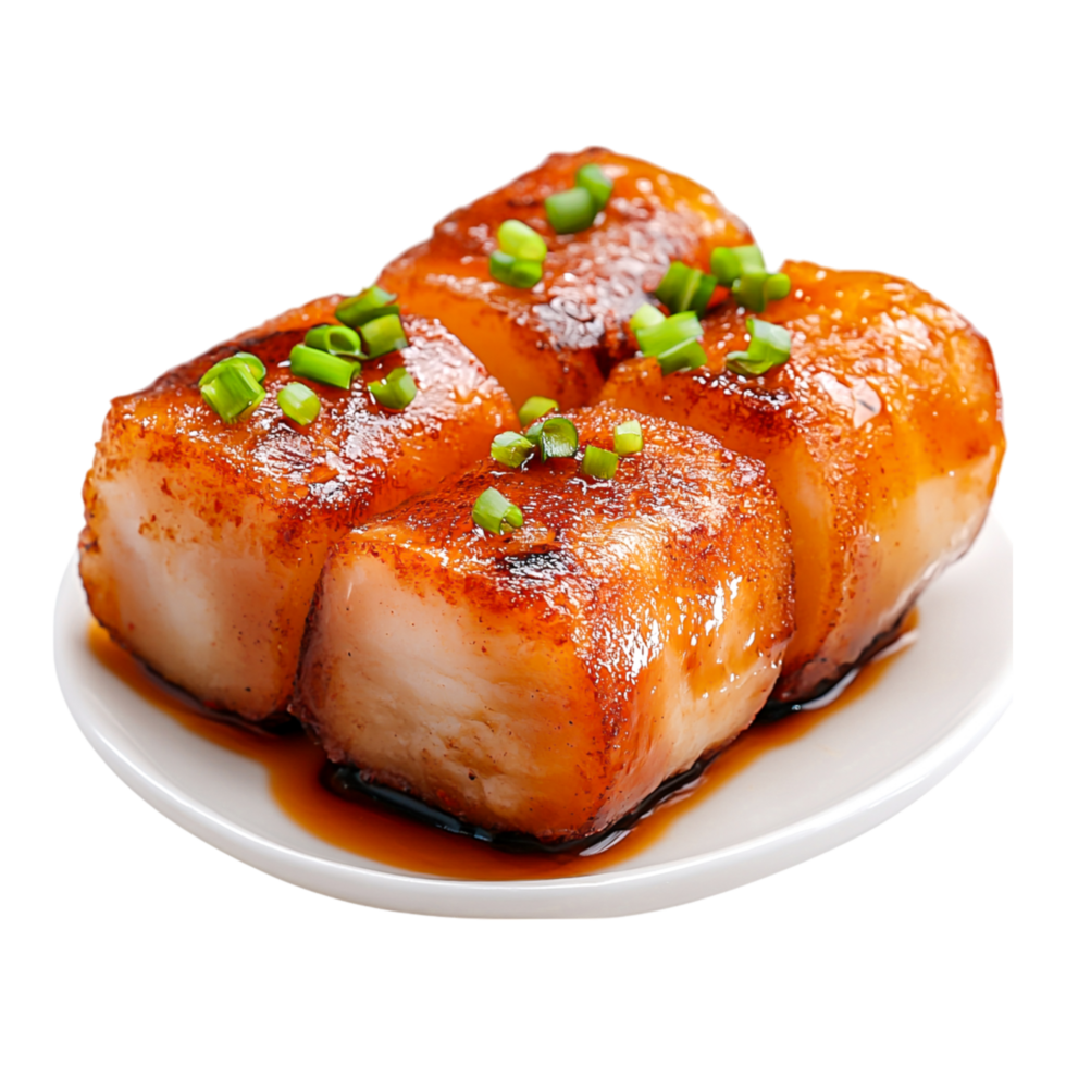 Delicious Glazed Fish Cake Served White Plate with Green Garnish png