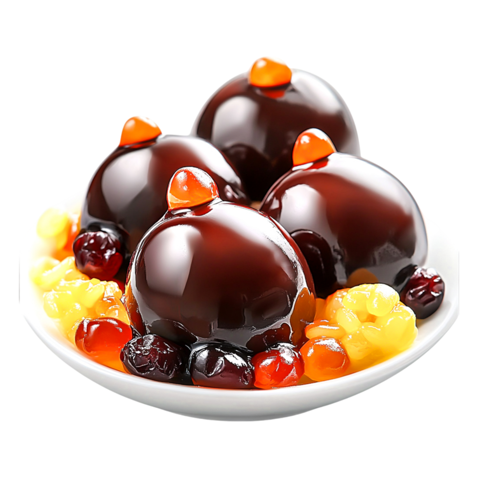 Delicious chocolate spheres served with assorted fruit toppings in a bowl png
