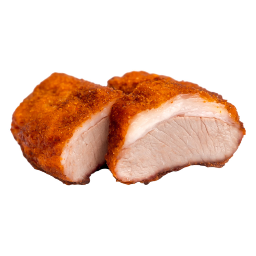 Crispy Fried Chicken Cutlet Sliced to Show Juicy Interior and Texture png