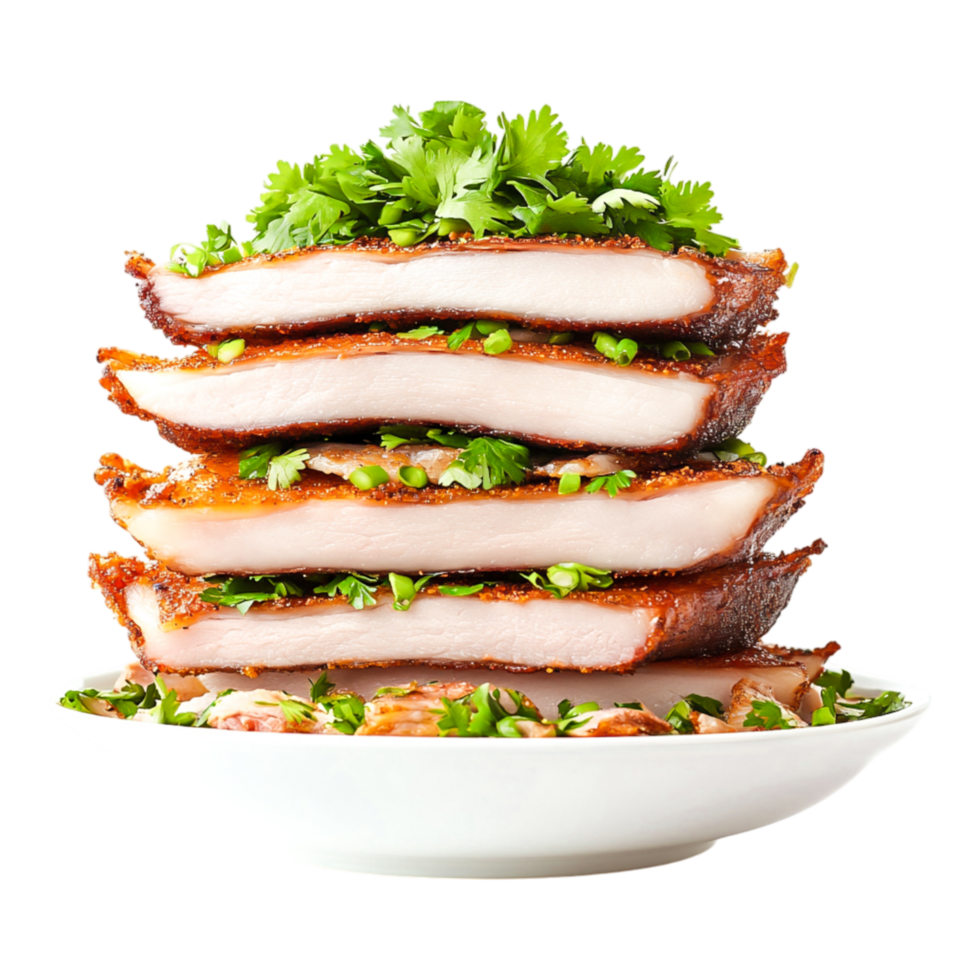 Stacked Crispy Chicken Slices Garnished with Fresh Herbs Plate png