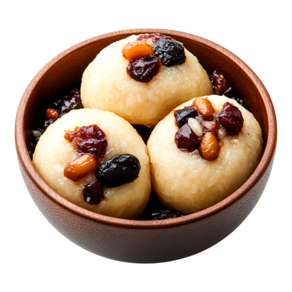 Sweet Sticky Rice Balls with Assorted Nuts and Fruits in a Bowl png