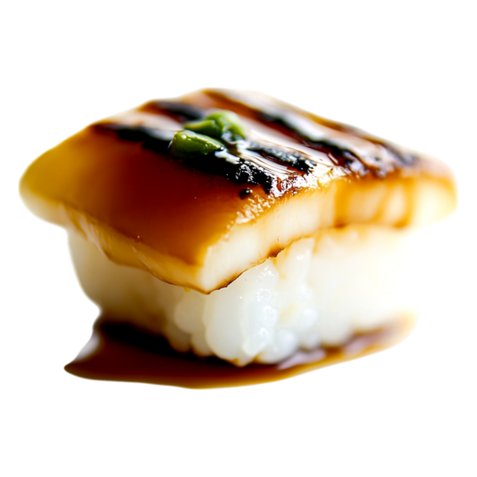 Delicious sushi with grilled eel and rich sauce elegantly presented on plate png