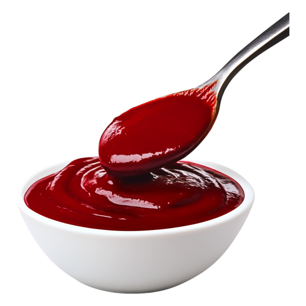 Fresh Red Tomato Sauce in White Bowl with Spoon for Culinary Use png