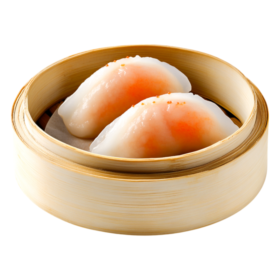 Delicate Dumplings in Bamboo Steamer with Orange Garnish and Steam png