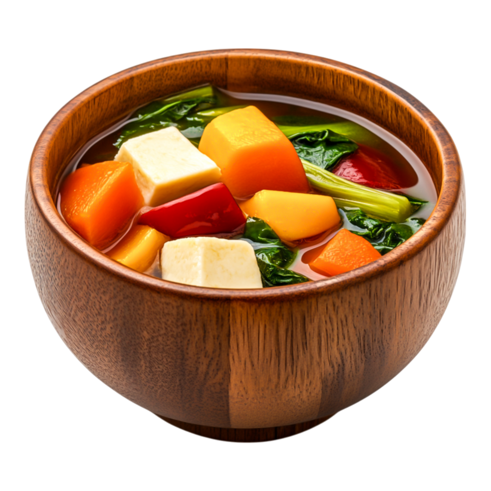 Fresh Vegetable Soup in Wooden Bowl with Tofu and Colorful Ingredients png