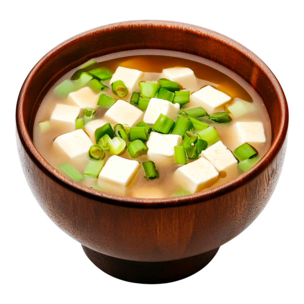 Delicious Japanese Miso Soup with Tofu and Green Onions in Wooden Bowl png