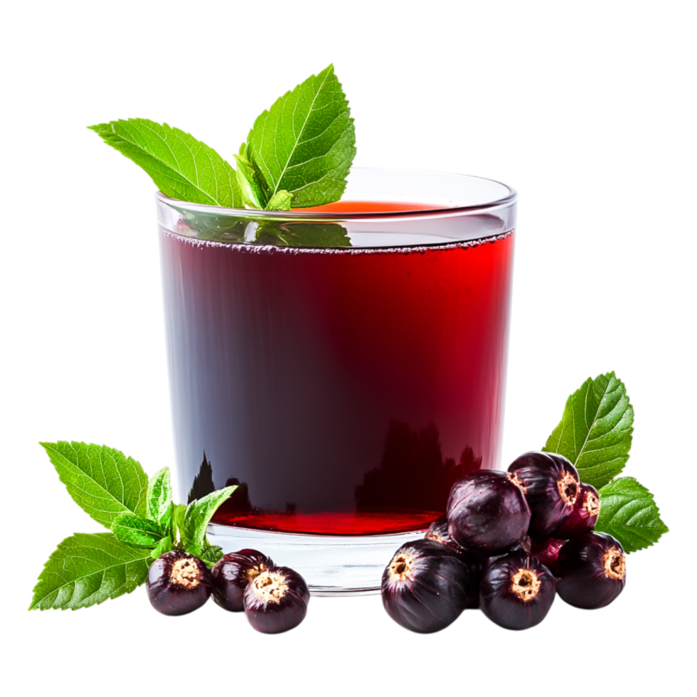 Refreshing Glass of Dark Berry Beverage with Fresh Leaves on png