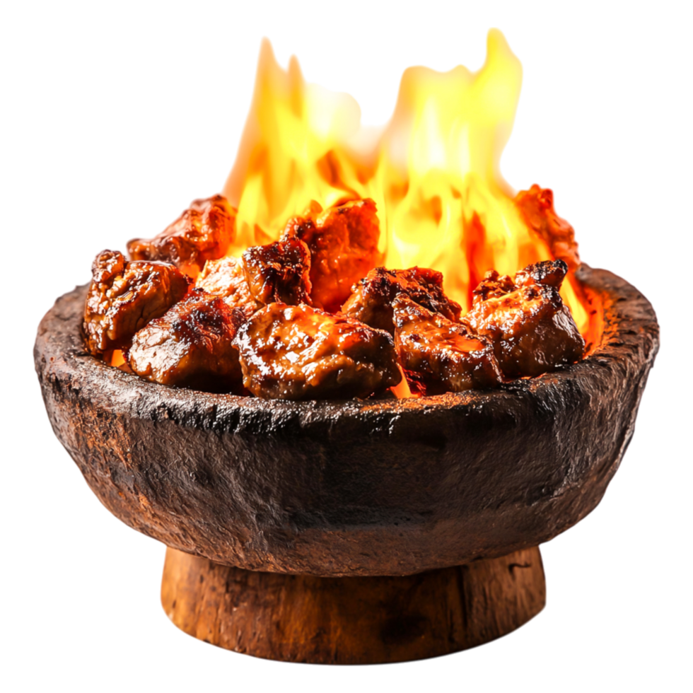 Grilled Meat Traditional Clay Pot with Flames Erupting in Background png
