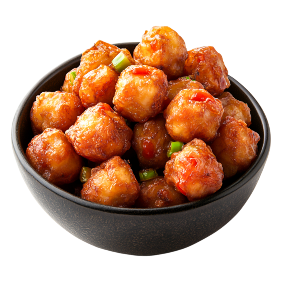 Delicious Golden-Fried Meatballs with Sweet Sauce in Black Bowl png