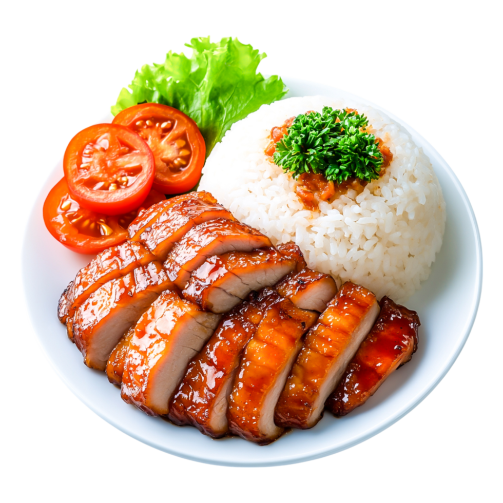 Succulent Sliced Barbecue Chicken Served with Rice and Fresh Vegetables png