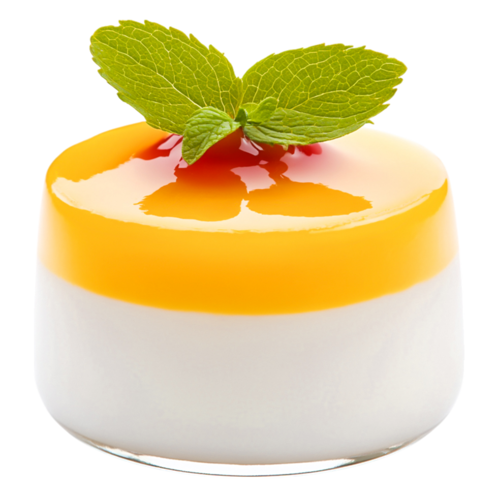 Creamy dessert with mango glaze, raspberry drizzle, and mint leaf garnish png