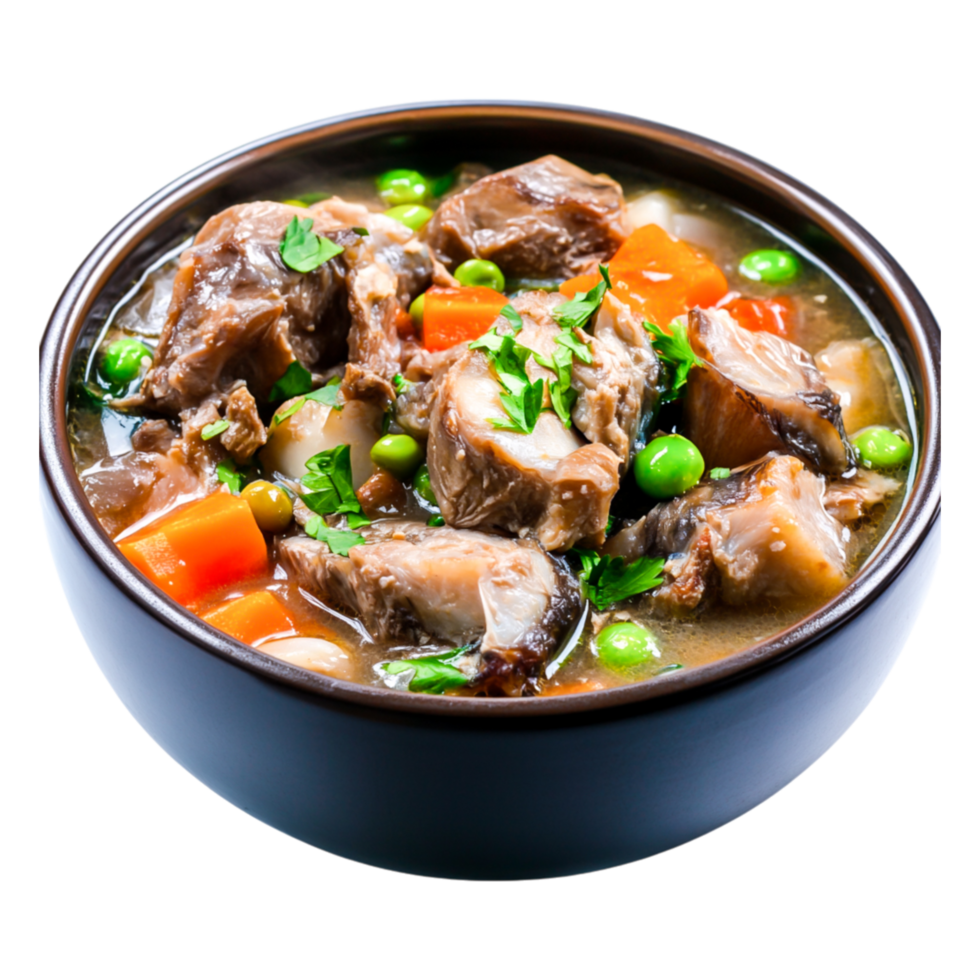Freshly Prepared Hearty Stew with Vegetables in a Black Bowl png