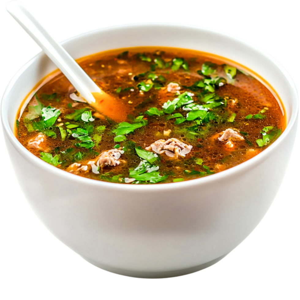 Delicious Hearty Soup with Fresh Herbs and Tender Meat Chunks in Bowl png
