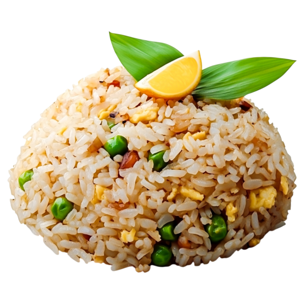 Freshly Cooked Fried Rice with Vegetables and Lemon Slice Garnish png
