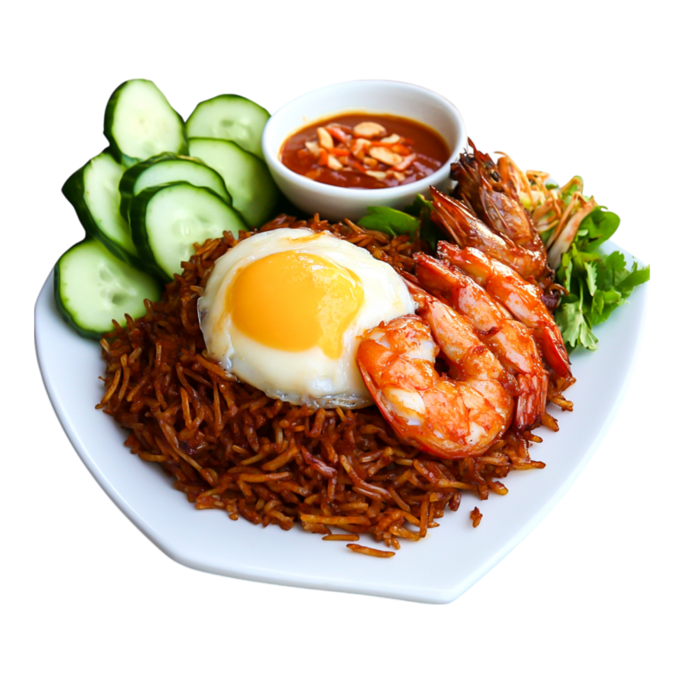 Delicious Plate of Fried Rice with Egg and Shrimp Garnished with Cucumbers png