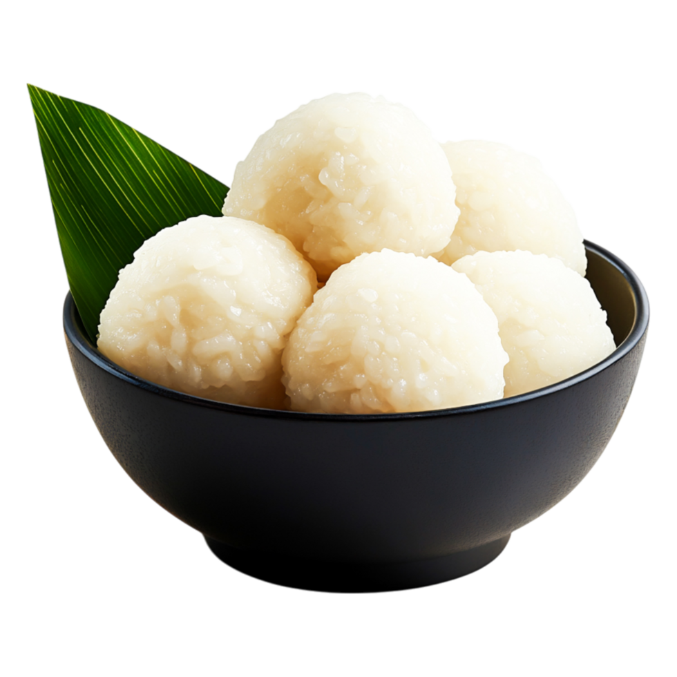 Delicious Sticky Rice Balls in a Elegant Black Bowl with Green Leaf png