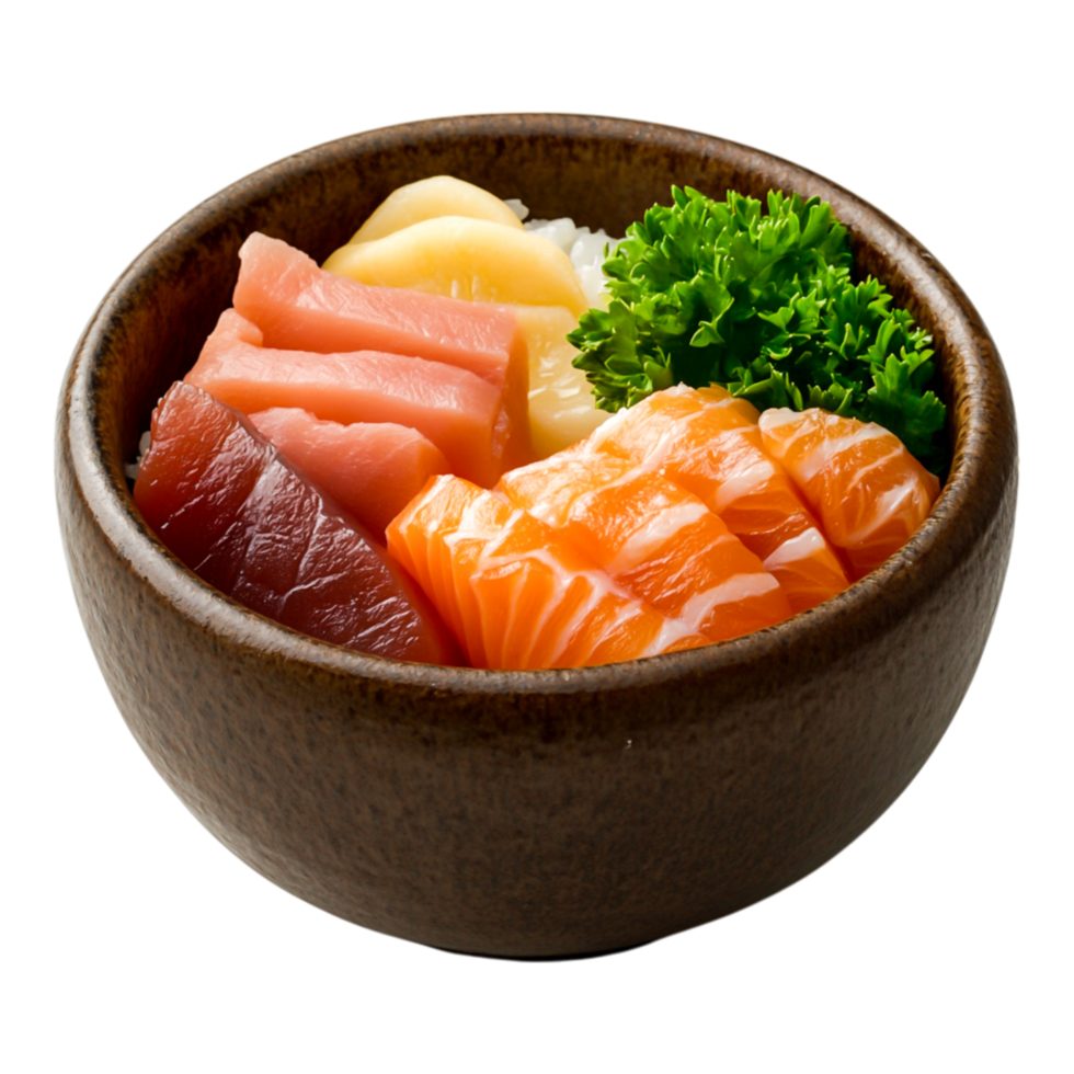Fresh Assortment of Sliced Sushi Fish in a Wooden Bowl with Greens png