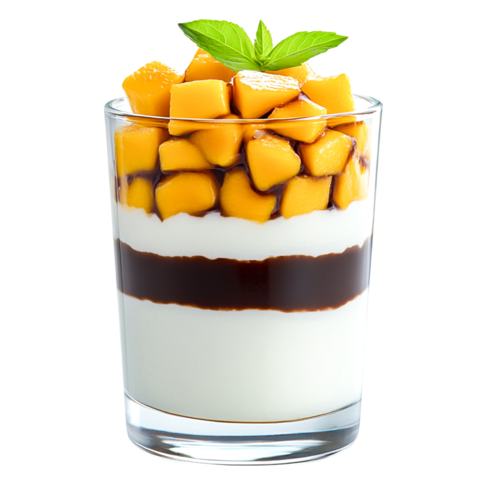 Delicious Mango Dessert with Cream and Chocolate Sauce in Transparent Glass png