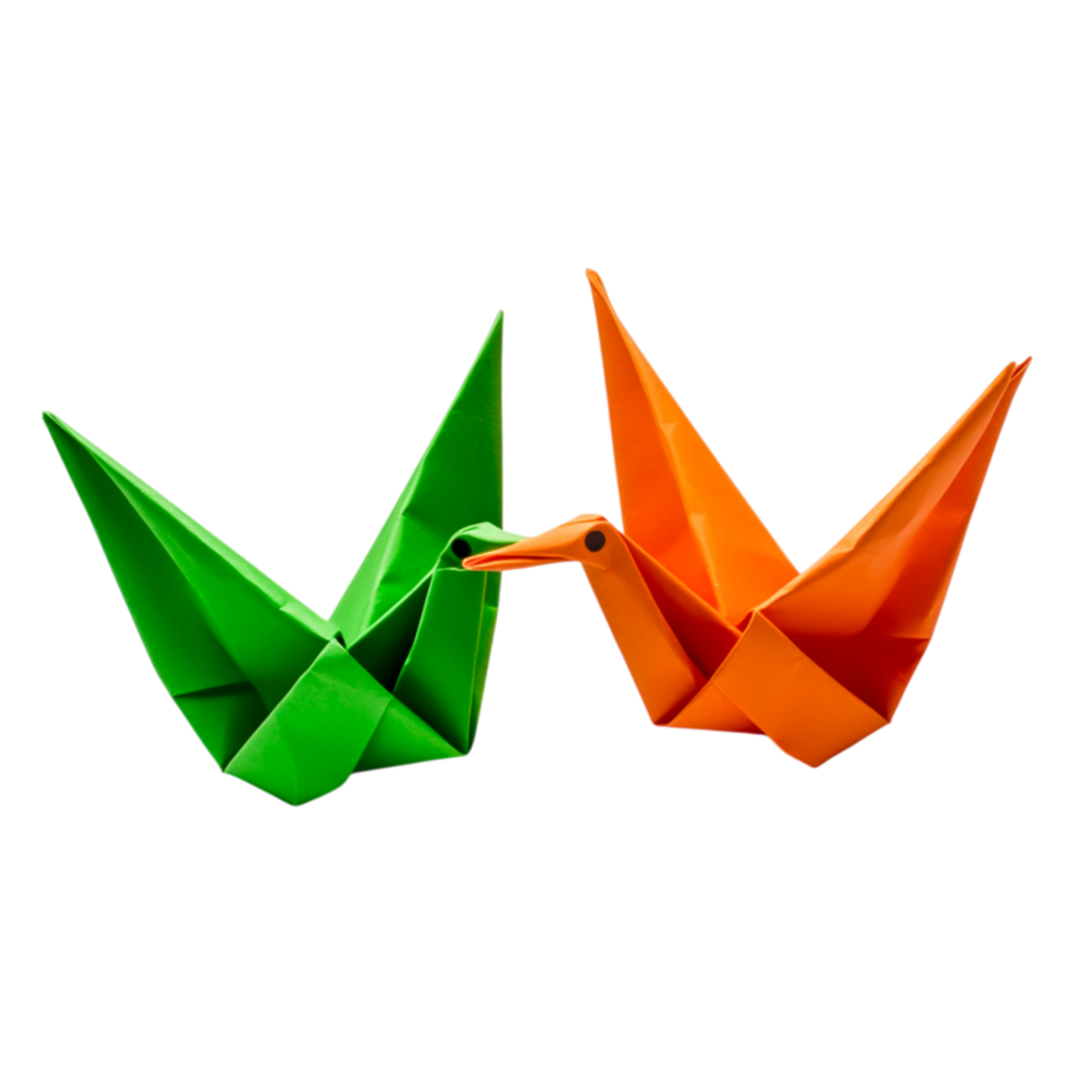 Colorful Origami Cranes in Green and Orange Showcasing Artistic Craftsmanship png