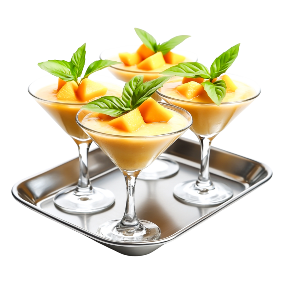 Four Elegant Mango Desserts in Glasses with Fresh Mint Garnish png