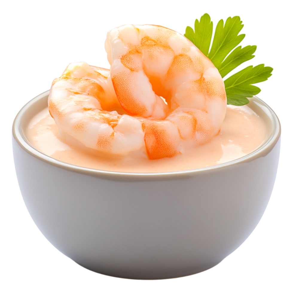 Shrimp Cocktail with Creamy Sauce and Garnish in White Bowl png
