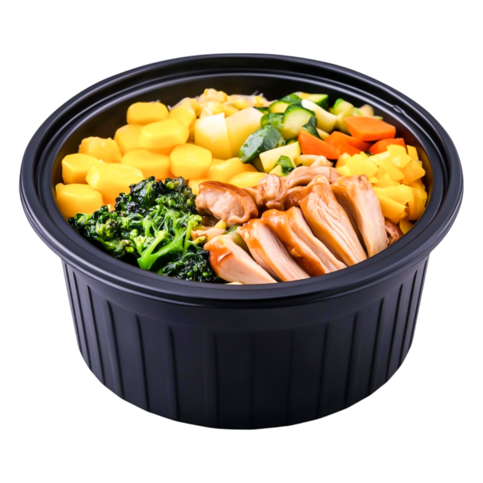 Colorful Healthy Meal Bowl with Chicken, Broccoli, Potatoes, and Vegetables png