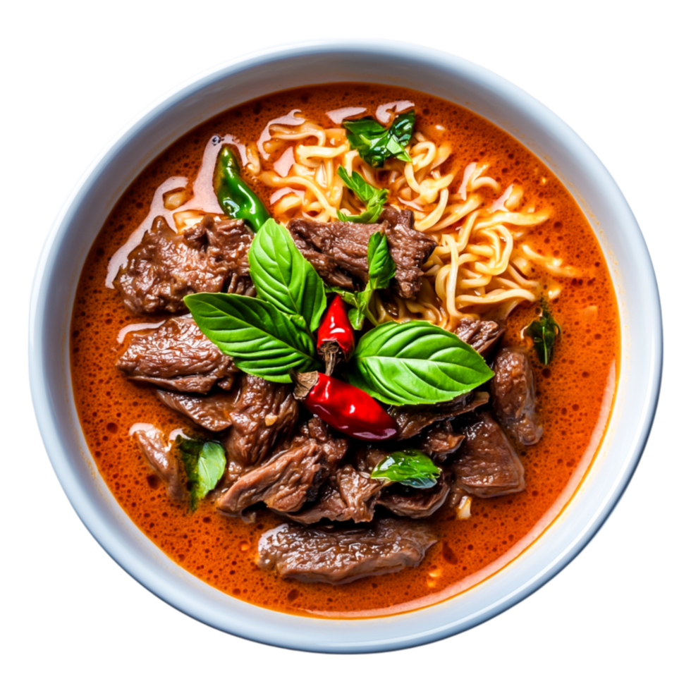 Savory Beef Noodle Soup with Fresh Herbs and Red Chilies in Bowl png